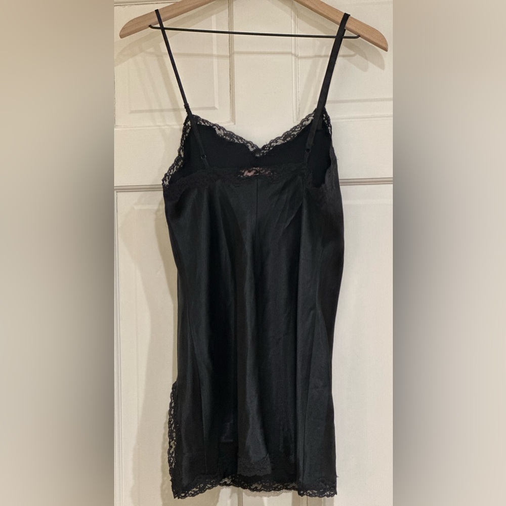 LADIES VICTORIA'S SECRET VINTAGE BLACK SATIN LACE-TRIM TEASE MINI SLIP DRESS - S - Picture 9 of 15
